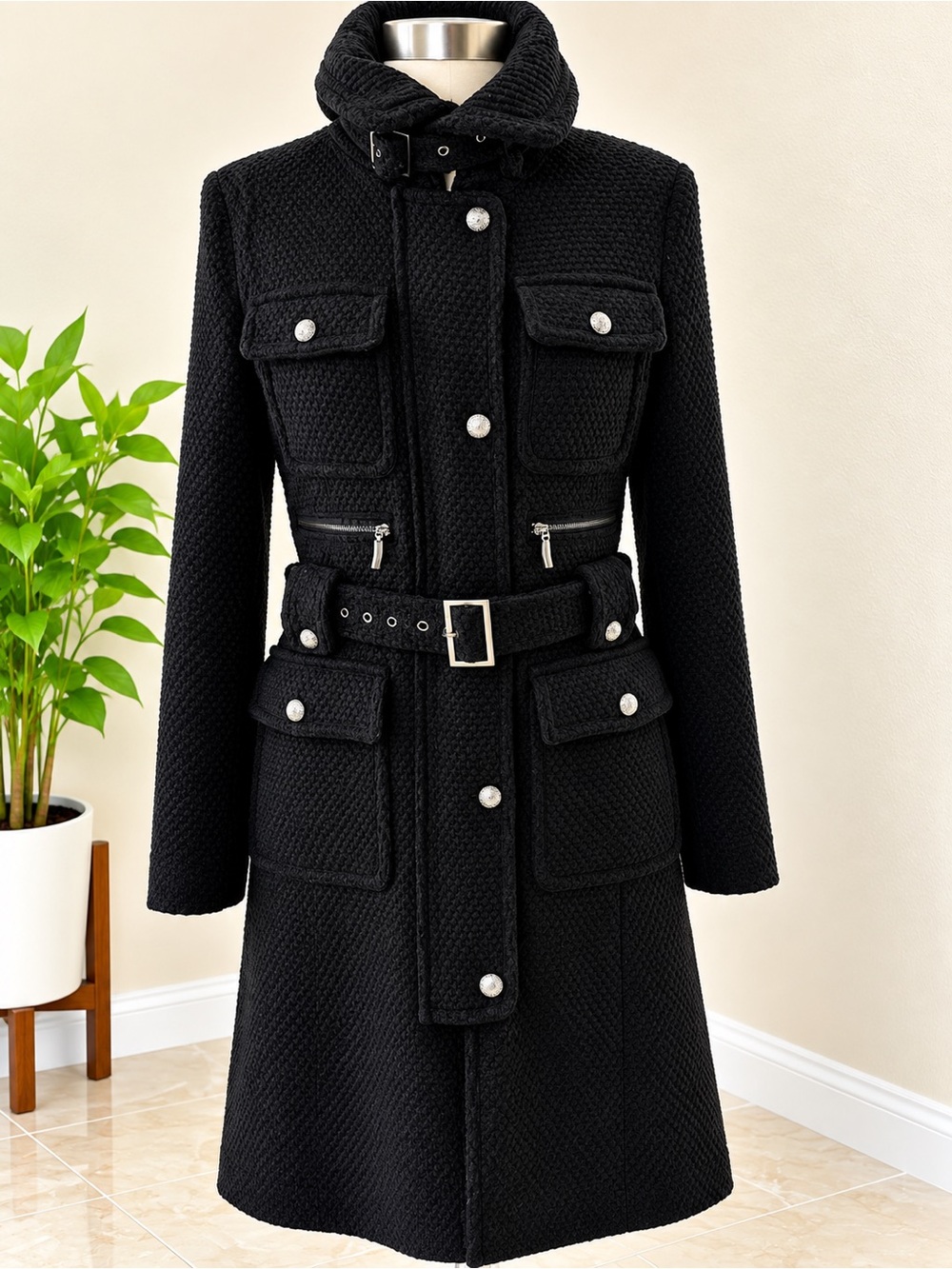 Laundry By Shelli Segal Black Textured Belted Coat - Picture 2 of 5